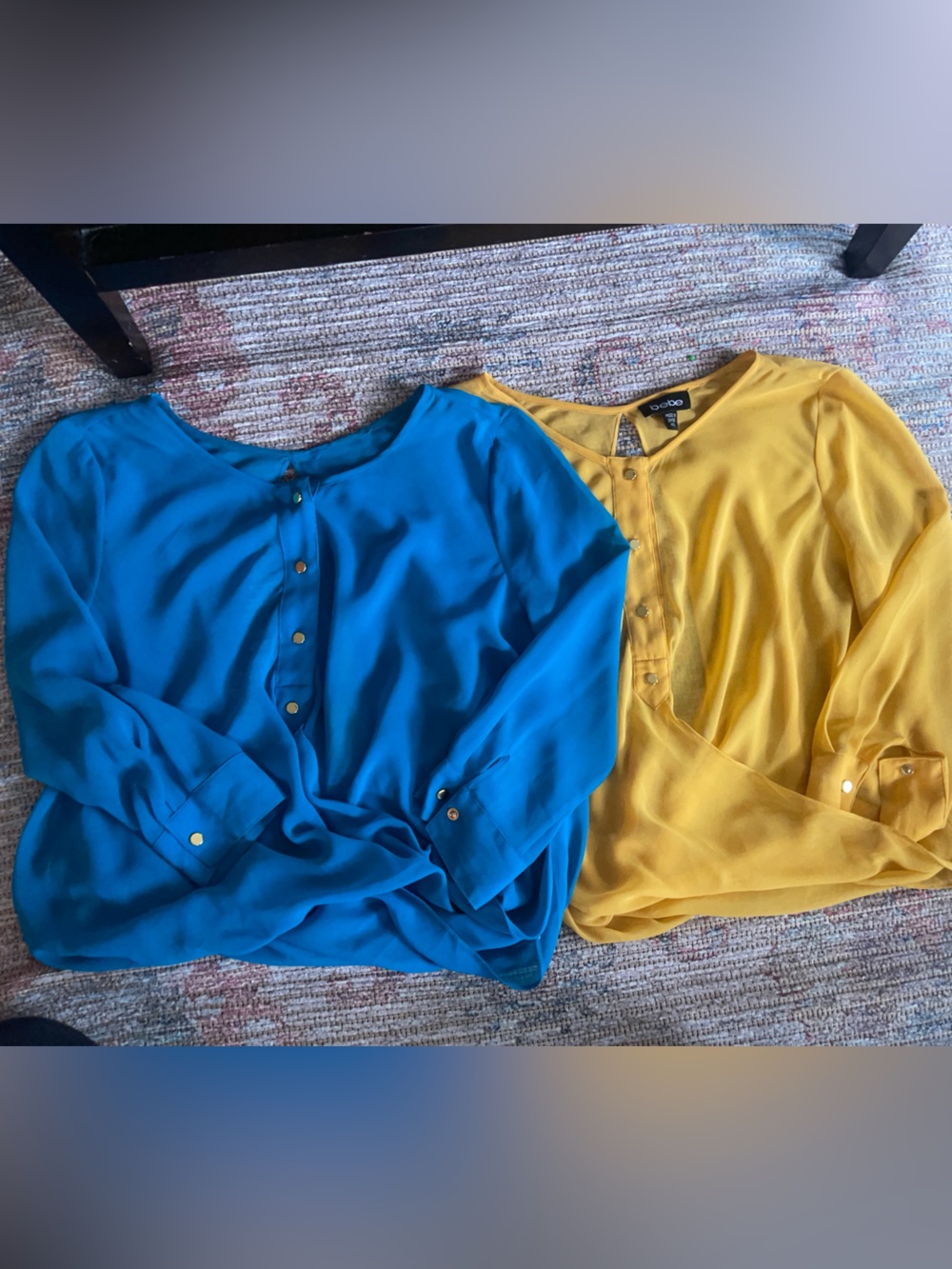 bebe Two-Piece Sheer Button-Front Tops in Teal and Yellow